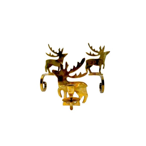 Vintage Brass Deer Christmas Stocking & Candle Holders Set Of 3 - Picture 3 of 10